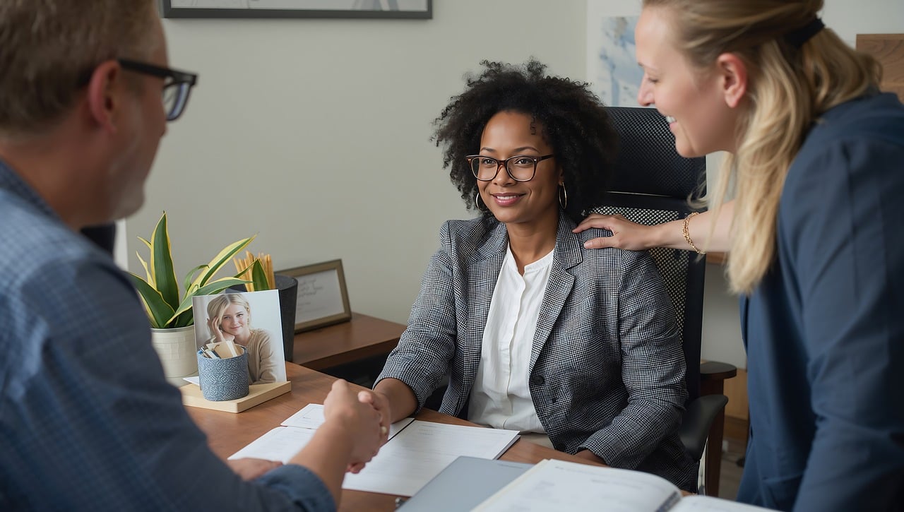 Inicio business, office, meeting, collaboration, teamwork, professionals, discussion, agreement, partnership, consultation, advice, support, diversity, inclusion, women in business, men in business, corporate, workplace, strategy, planning, paperwork, smiling, happy, interview, ai generated